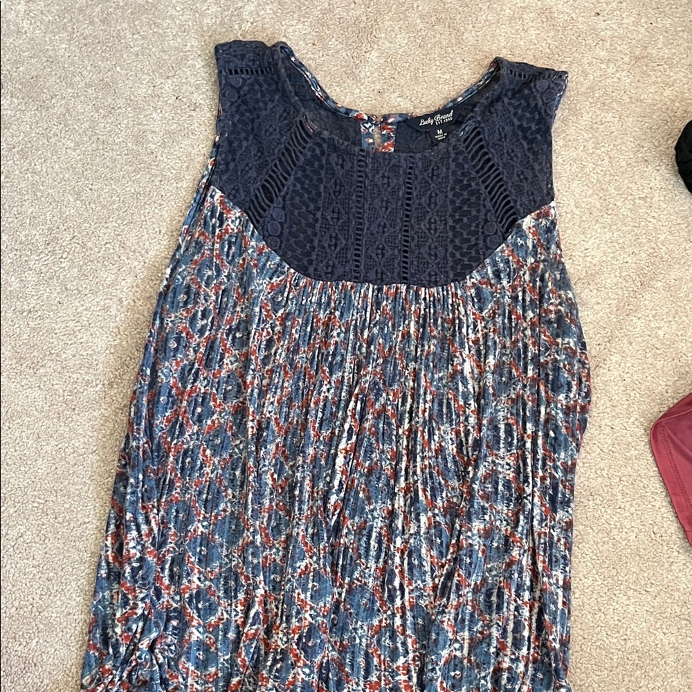 Lucky Brand Navy Crochet Yoke Multicolor Printed Sleeveless Top